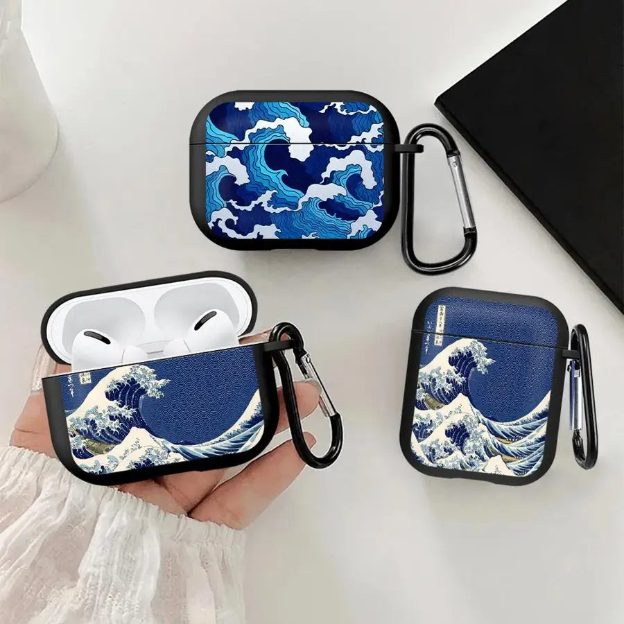 Cartoon Ocean Tsunami Earphone Cases Cover Case for Airpods 3 2 4 1 Pro3 Pro Pro2